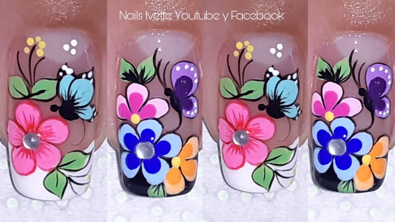 2 Decoración de uñas FLORES Y MARIPOSA/Diseños para uñas con flores y mariposa