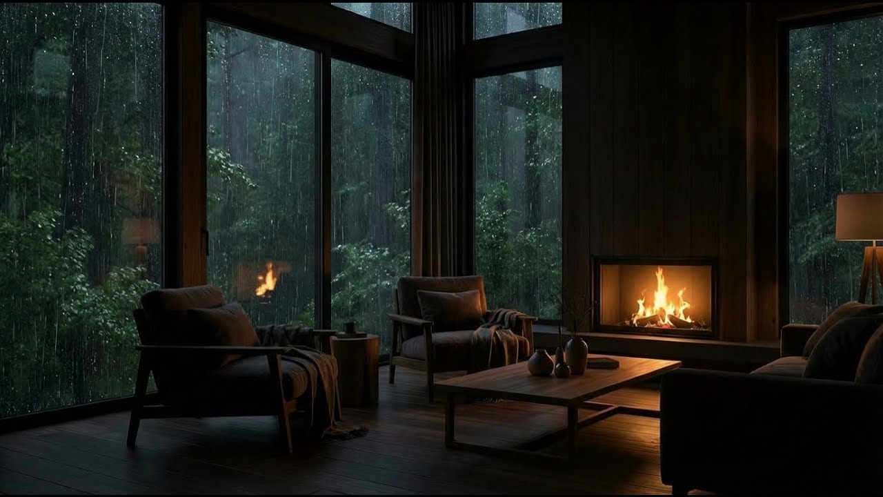 Pure Healing | Piano Rain in Modern Rustic Cabin with Fireplace | Quiet Your Busy Thoughts 🕯️🌧️