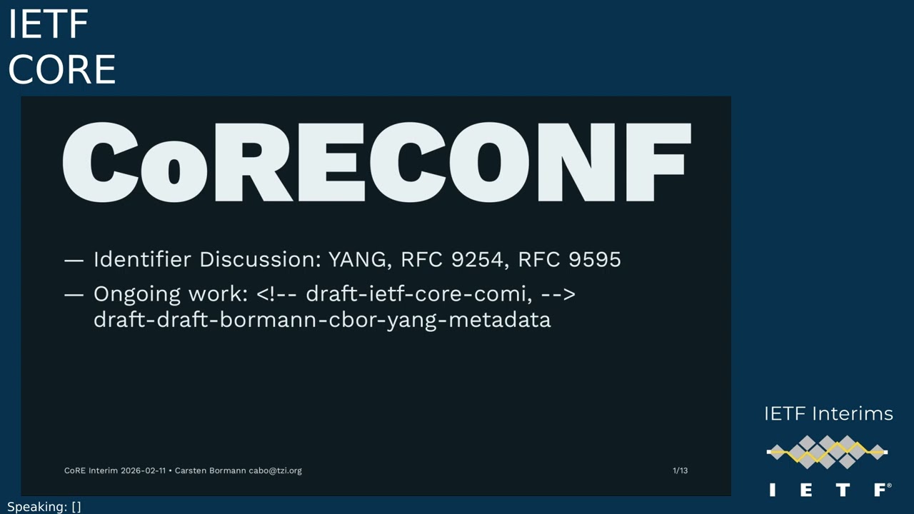 IETF interim: Constrained RESTful Environments (CORE) 2026-02-11 15:00