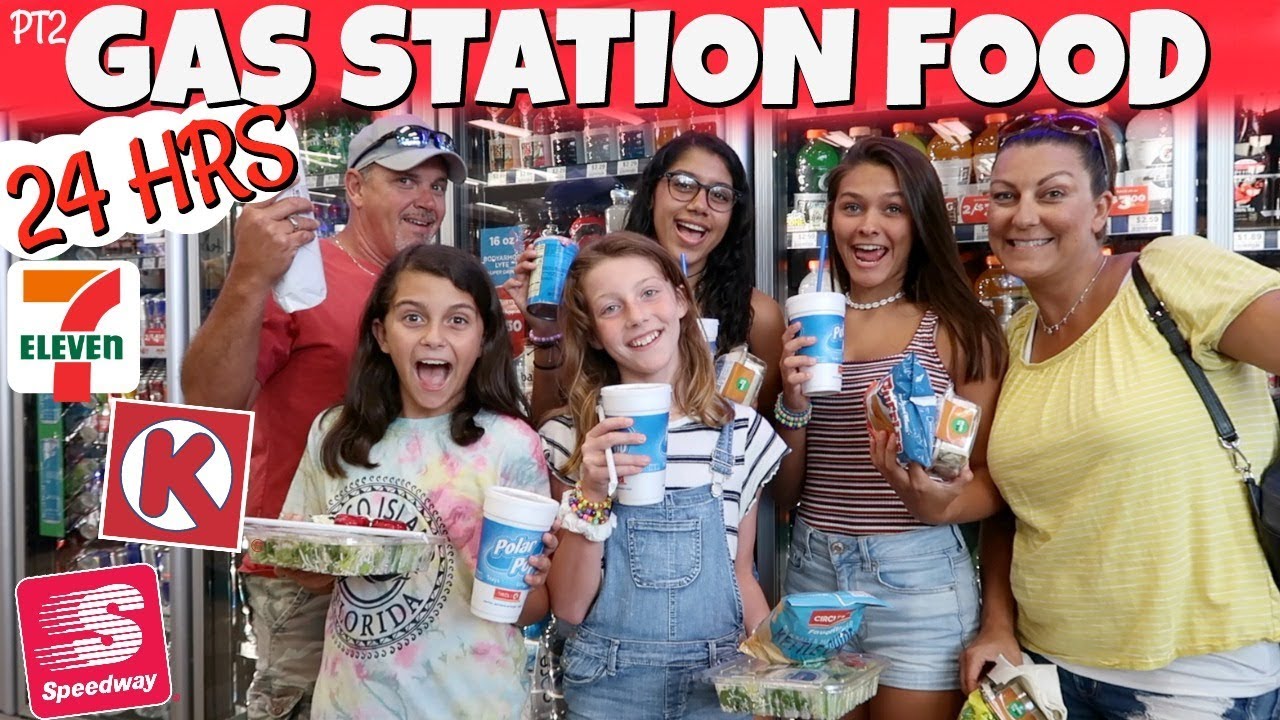 Eating Only GAS STATION Food for 24 HOURS Part 2 Emma and Ellie