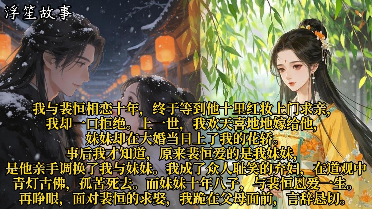 我与裴恒相恋十年，终于等到他十里红妆上门求亲，我却一口拒绝。上一世，我欢天喜地地嫁给他，妹妹却在大婚当日上了我的花轿#重生 #大女主 #复仇 #宫廷 #夺权 #古风 #小说