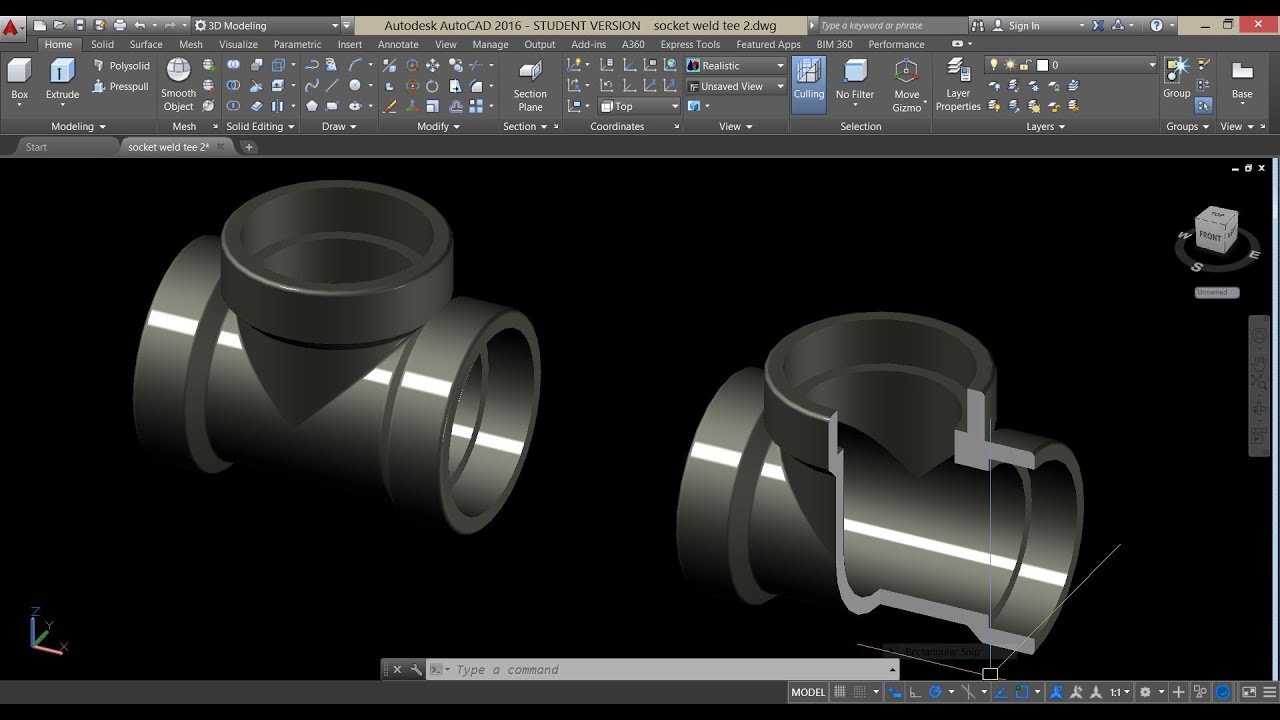 Моделирование тройника с раструбной сваркой в ​​Autocad 3D 2016