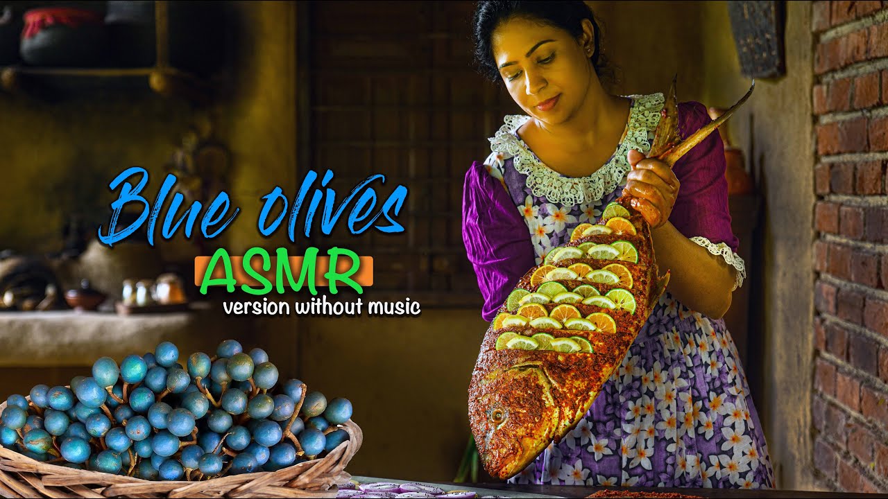 ASMR Blue olive dishes - Juice, Stir fried noodles and whole baked fish with enhanced ASMR sounds.