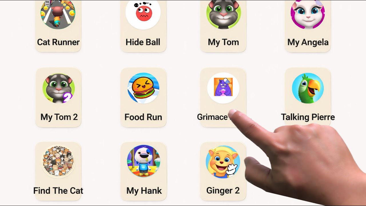 Grimace Monster Scary Survival, Hide Ball, Cat Runner, My Tom 2, My Angela, Food Run, Talking Piere