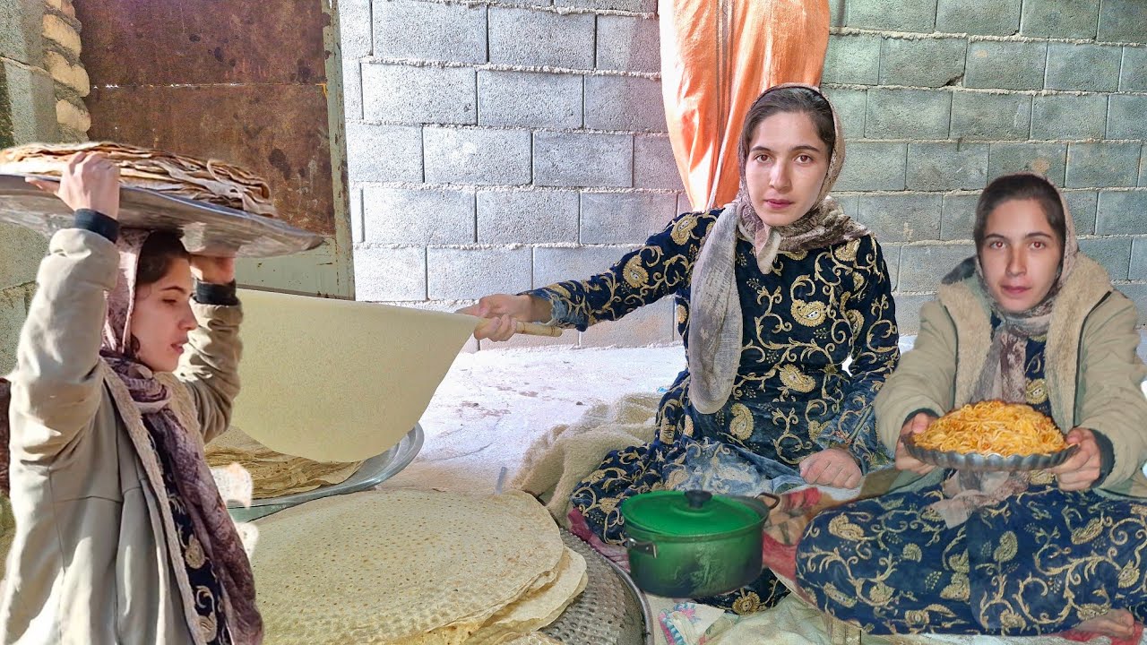 Pregnant nomadic girl Fatima cooks bread for her landlord in the winter cold