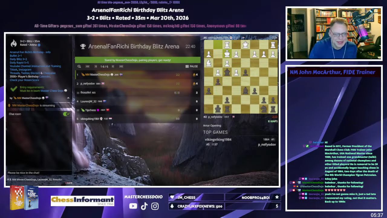 ArsenalFanRichi Birthday Blitz Arena 3+2 • Blitz • Rated • 35m • Mar 20th, 2026 • Lichess.org