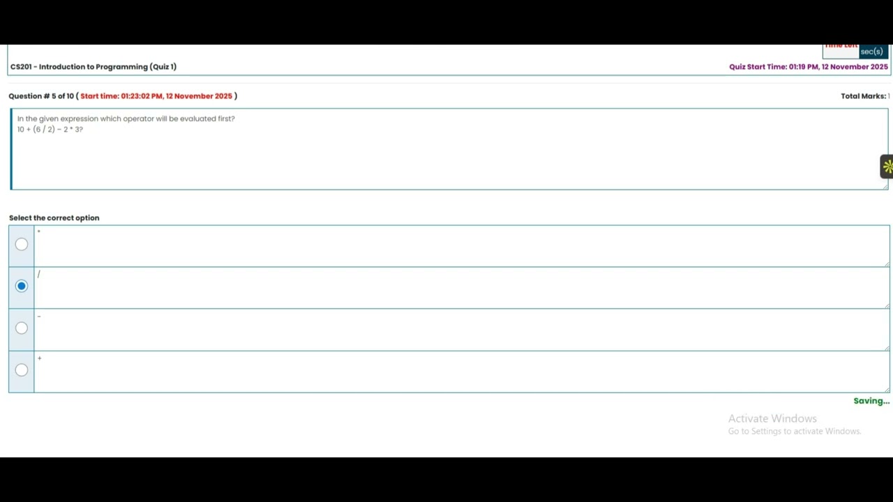 CS201 Quiz 1 2025 || CS201 - Introduction to Programming || Fall 2025