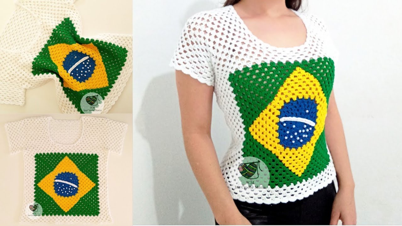Blusa de crochê Brasil com mangas 🇧🇷 PP,P,M,G e GG