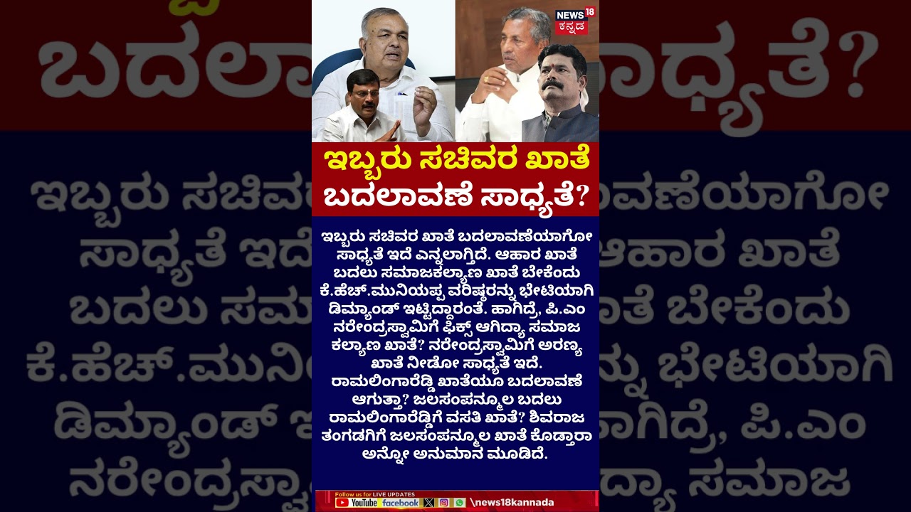 Karnataka Cabinet Portfolio Reshuffle | ಜಲಸಂಪನ್ಮೂಲ ಬದಲು ರಾಮಲಿಂಗಾರೆಡ್ಡಿಗೆ ವಸತಿ ಖಾತೆ? | N18S