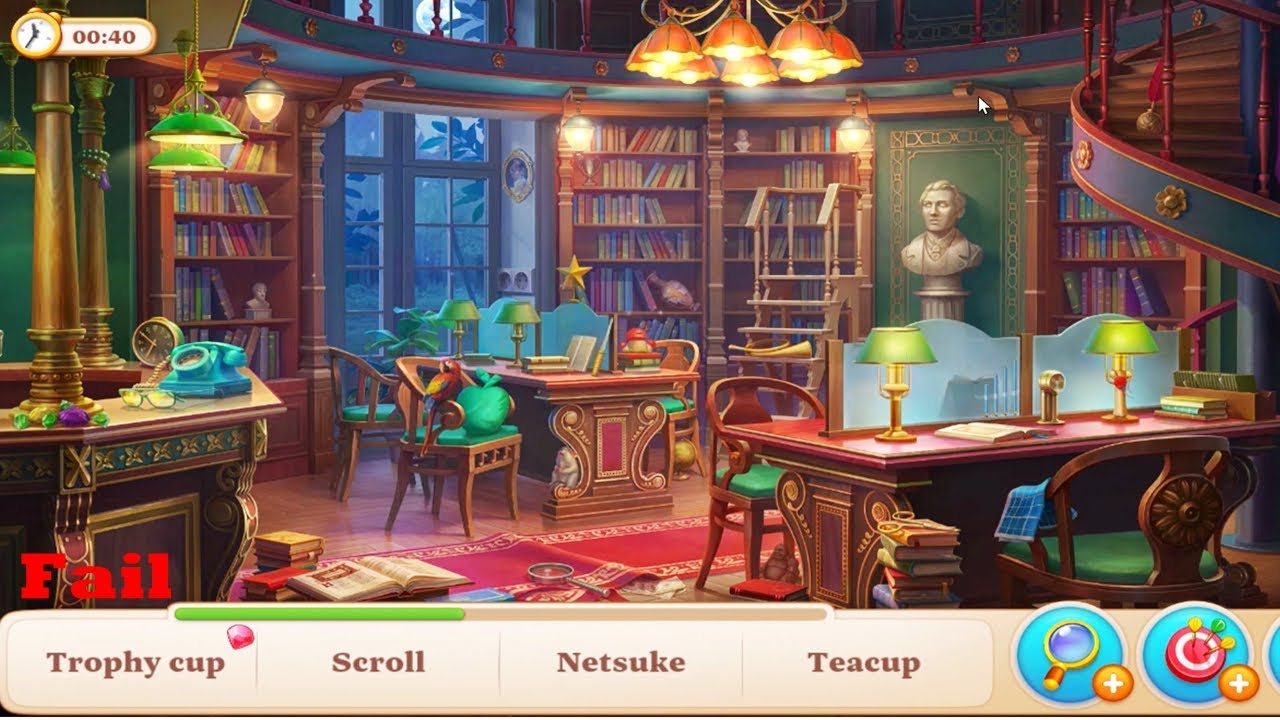 Manor Matters hidden objects Library #172 HD - Failed in trophy cup, hourglass, atom, gloves, star