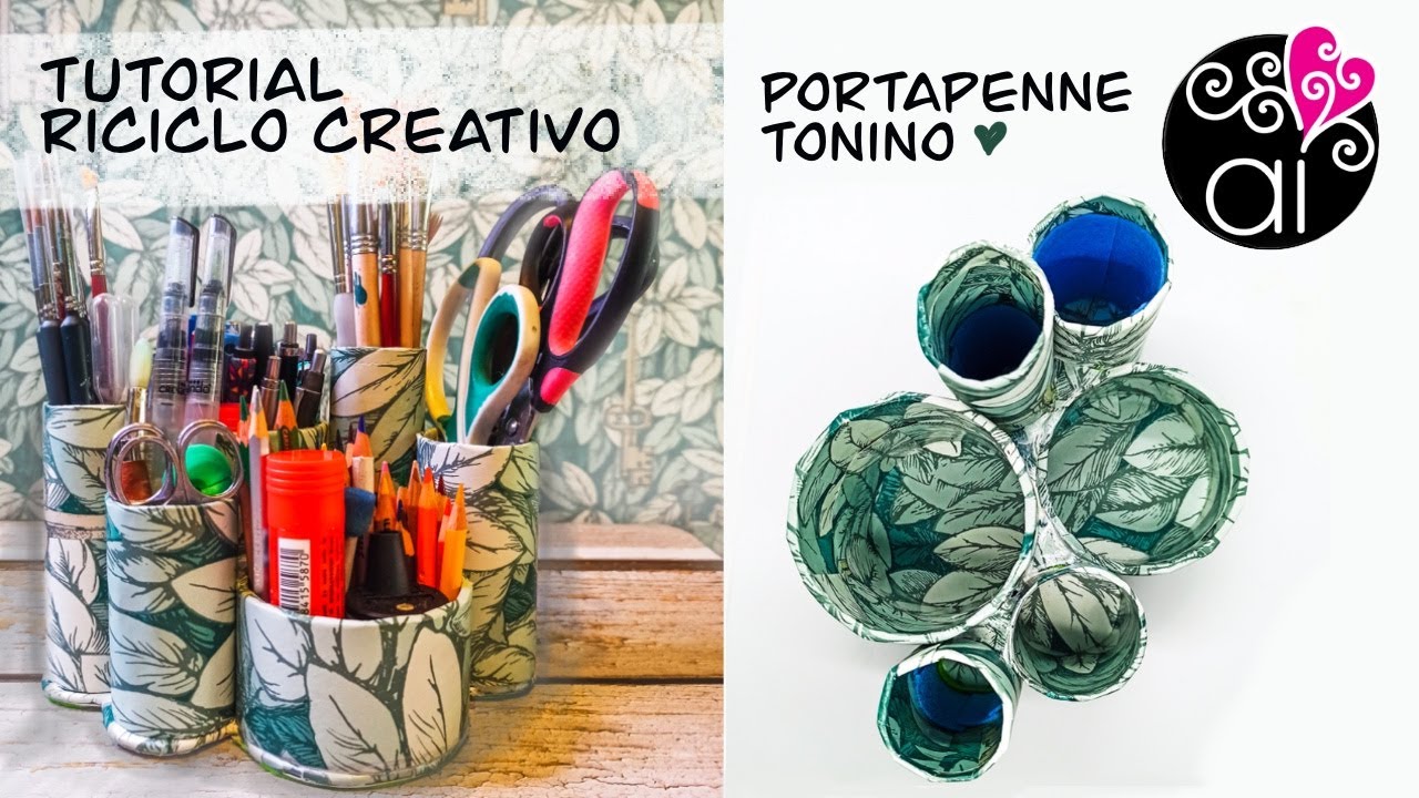 Tutorial Riciclo Creativo | Portapenne Tonino con tubi di cartone e carta da parati