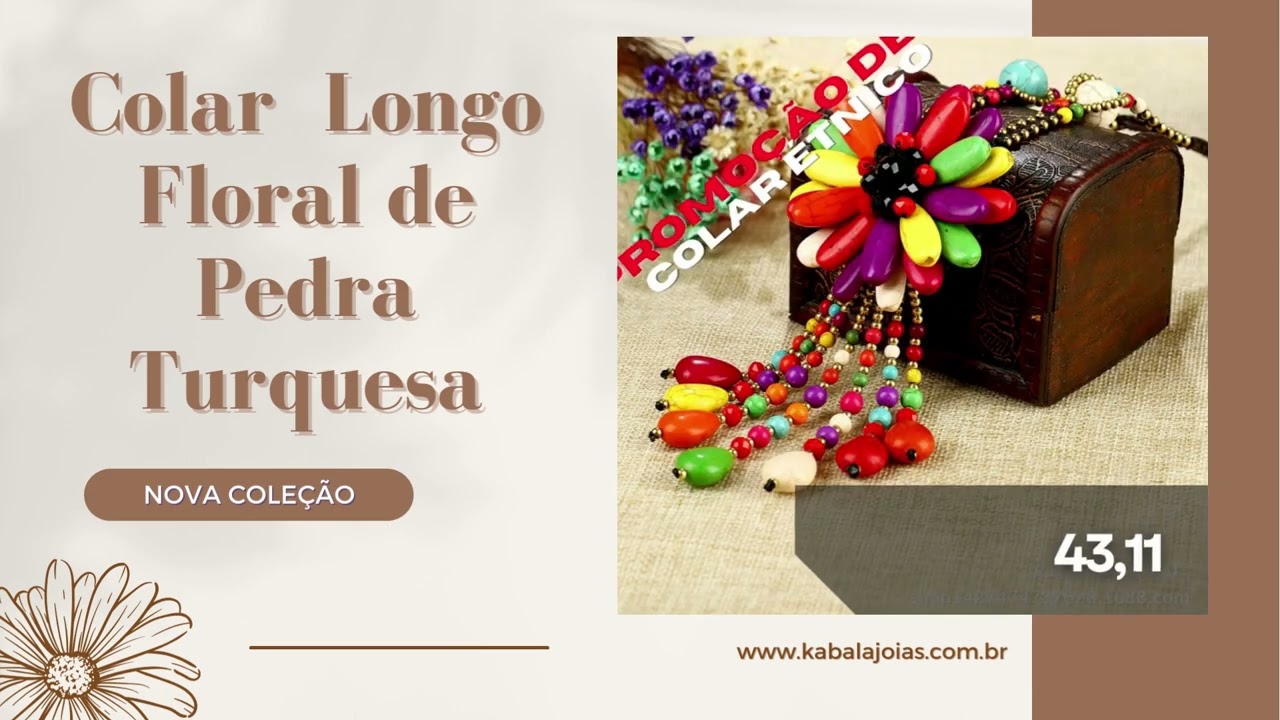 Colar  Longo Floral de Pedra Turquesa