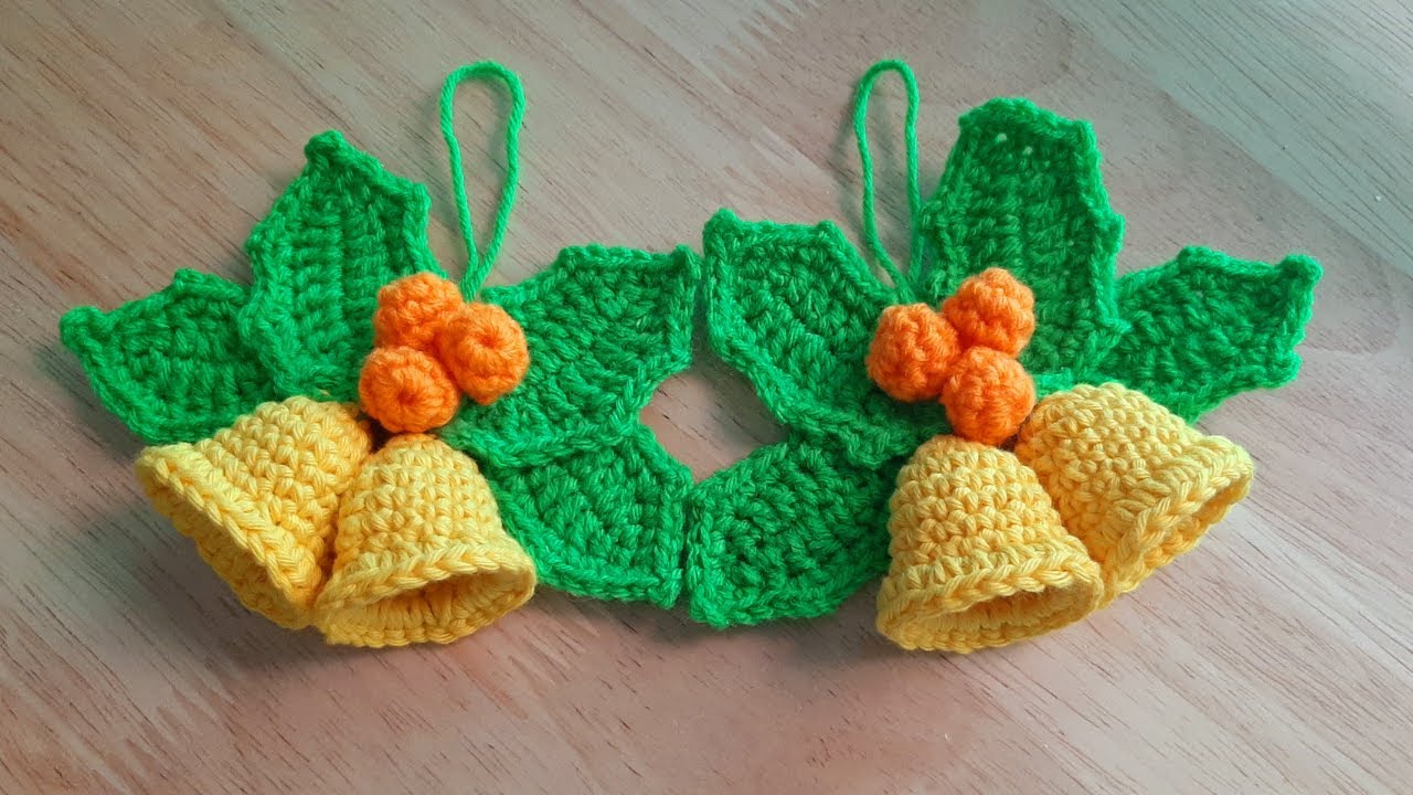 Crochet Holly Leaves, Berries and Christmas Bells || Crochet Christmas Ornaments