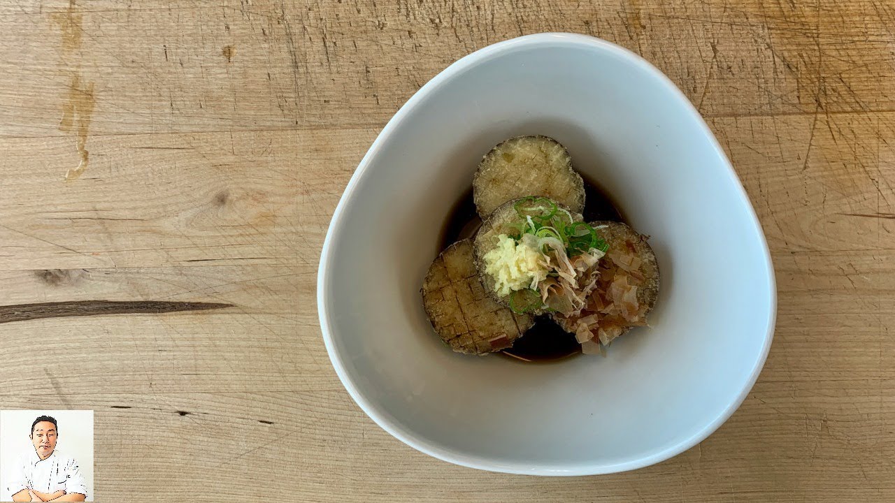 Asian Eggplant Tempura Using Precise Cutting Skills
