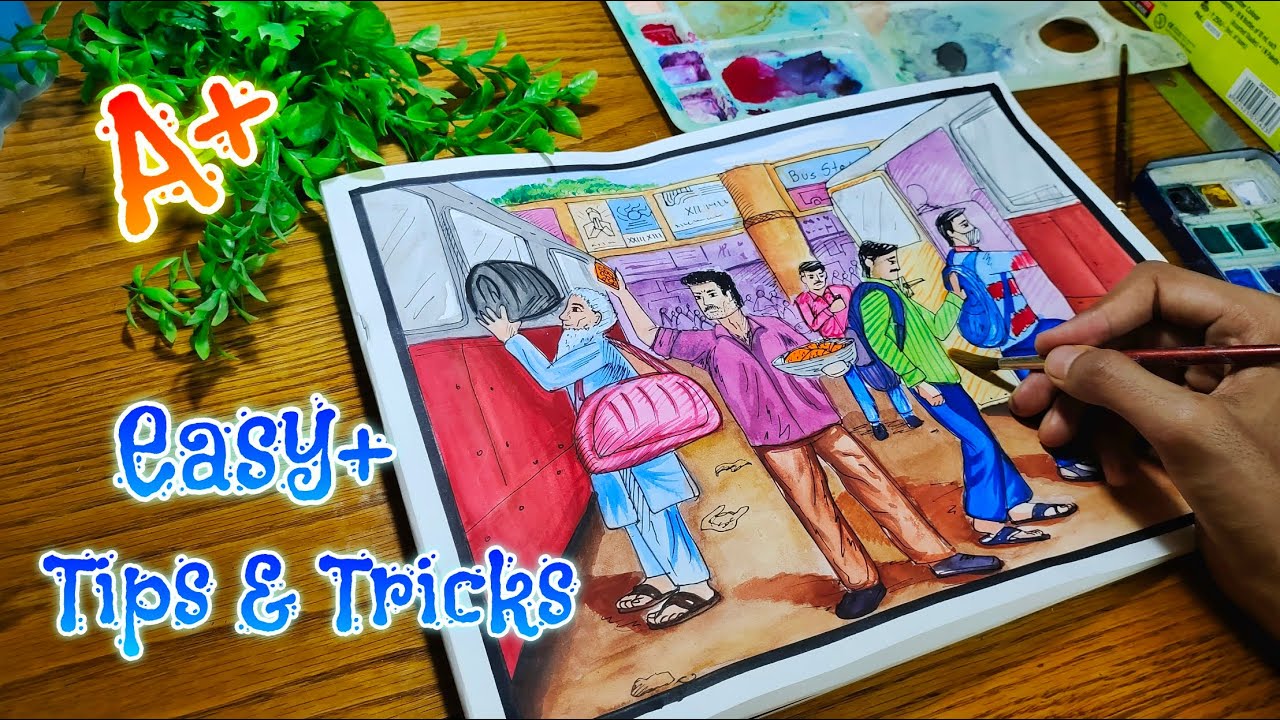 Memory Drawing of BUS STOP for Elementary And Intermediate drawing exam for Grade A+ | Tips & tricks