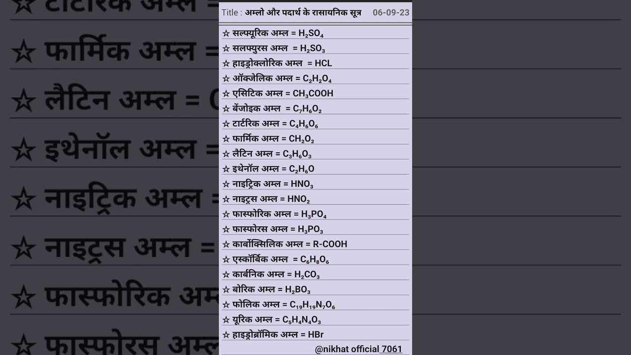 अम्ल और पदार्थ के रासायनिक सूत्र # chemistry #shortsvideo2023