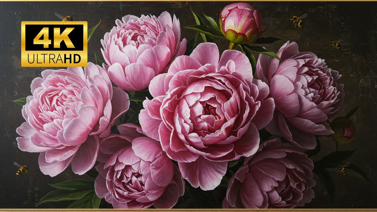 4K Peony Garden – Mesmerizing Floral Beauty with Bees! 🌷🐝| Gold Frame TV ART | Screensaver for TV