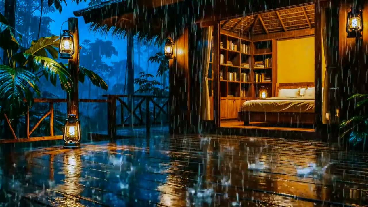 Heavy Rain on Tropical Jungle Cabin Deck 🌧️ Cozy Rain Sounds for Sleep