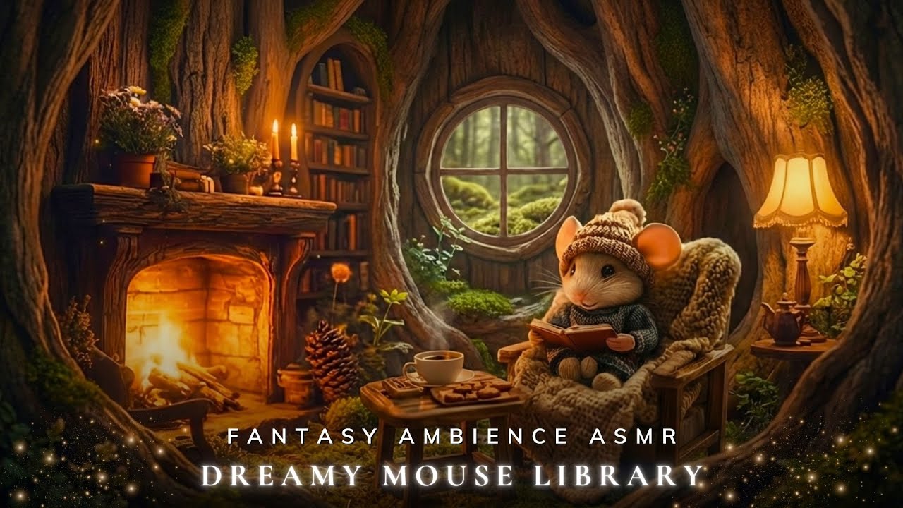 Dreamy Mouse Library 🌙 Soft Piano, Fireplace & Night Forest Ambience for Reading & Sleep