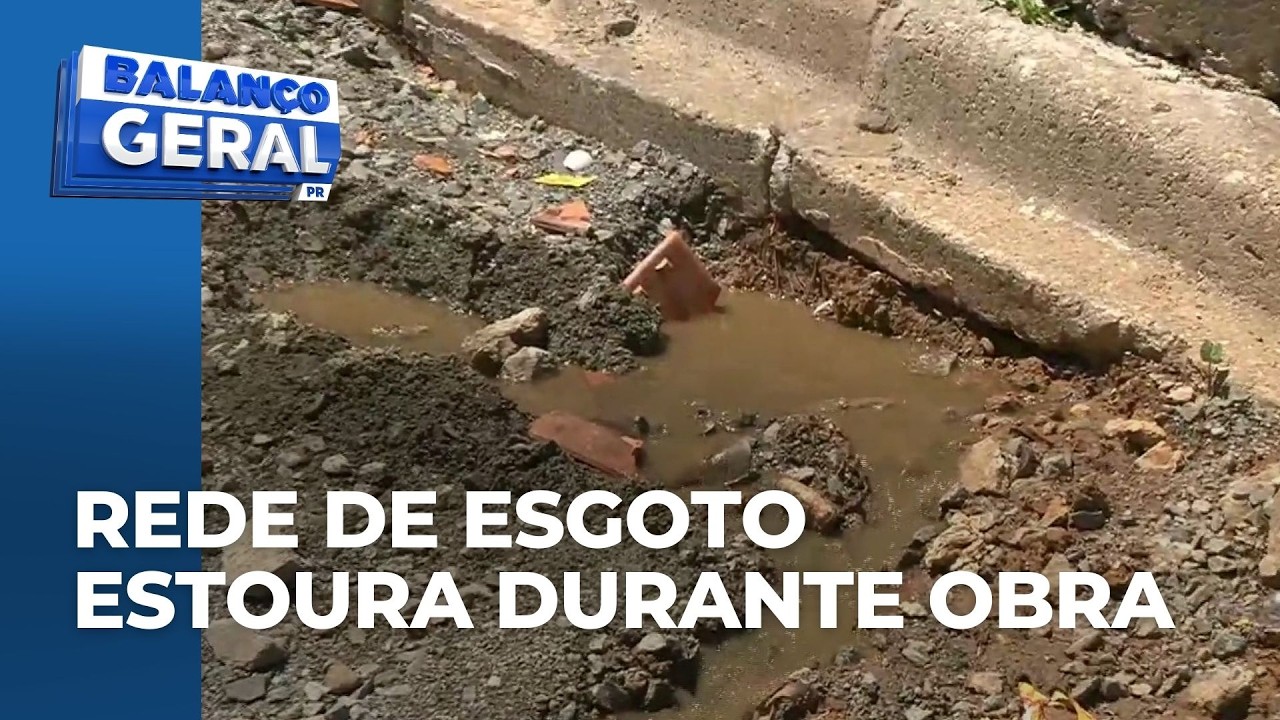 Rede de esgoto estoura durante obra em Curitiba; falta de reparo causa vazamento há 2 semanas