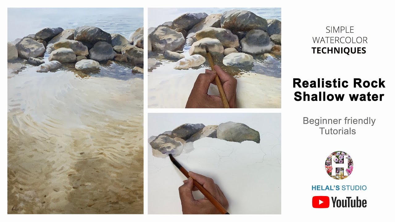 How to Watercolor Paint | Realistic Rock | Shallow water | Beginner tutorials| HELAL'S STUDIO