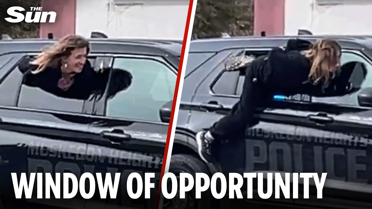 Shocking moment handcuffed woman escapes police car through window before running away