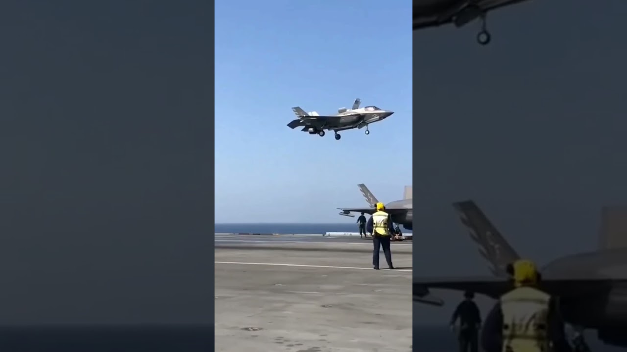 Avi&atilde;o F-35 Ca&ccedil;a dos EUA pairando no ar para aterrissar verticalmente.