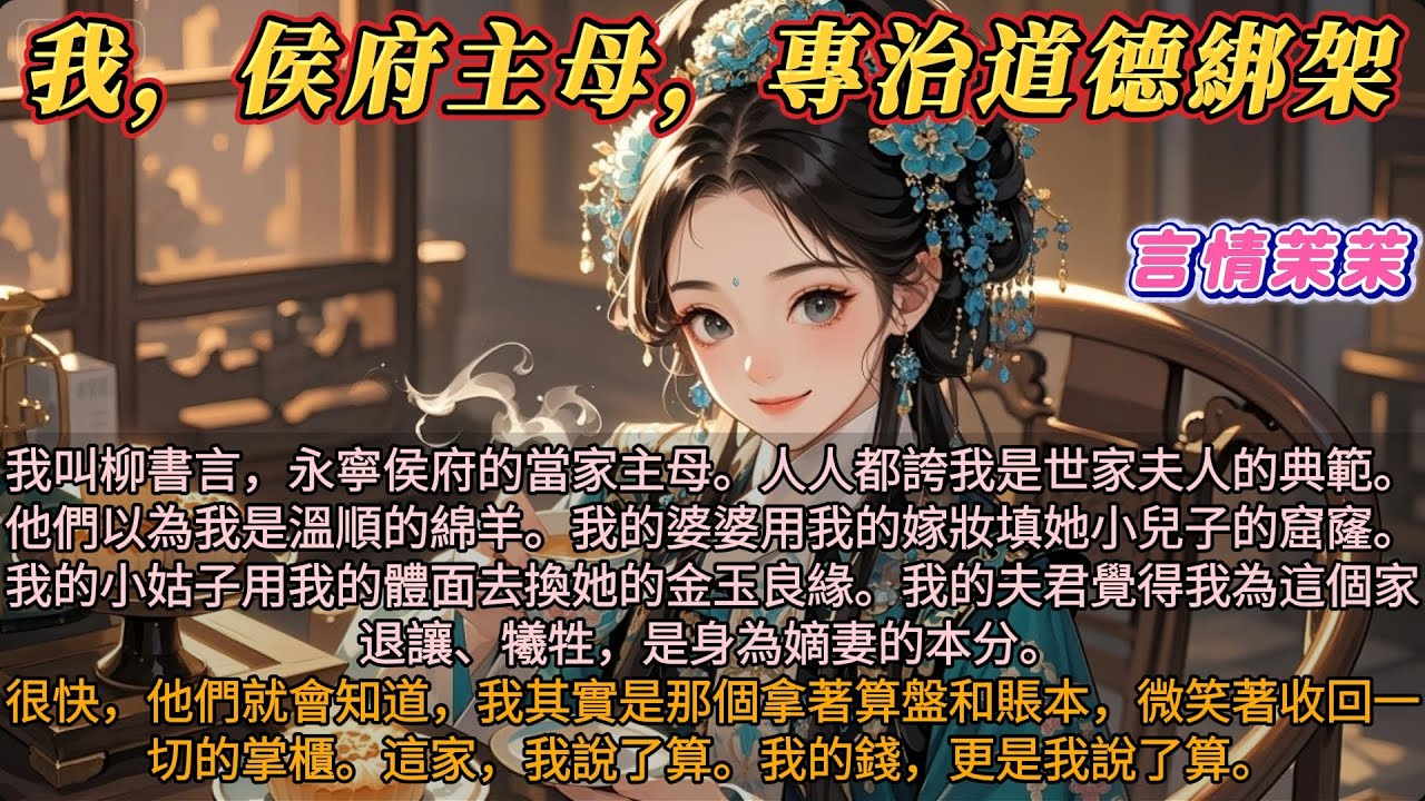 《我侯府主母專治道德綁架》我是永寧侯府當家主母。都誇我是世家夫人的典範。婆婆用我的嫁妝填她小兒子窟窿。小姑子用我的體面換金玉良緣。夫君覺得我為家犧牲是嫡妻本分。他們都以爲我是綿羊，很快他們就會知道