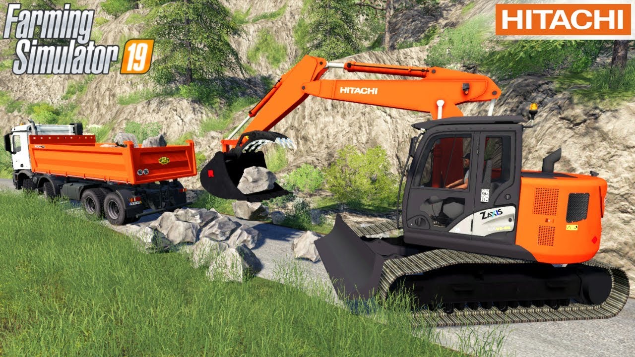 Farming Simulator 19 - HITACHI ZX135US-5 Excavator Removes The Stones That Blocked The Road