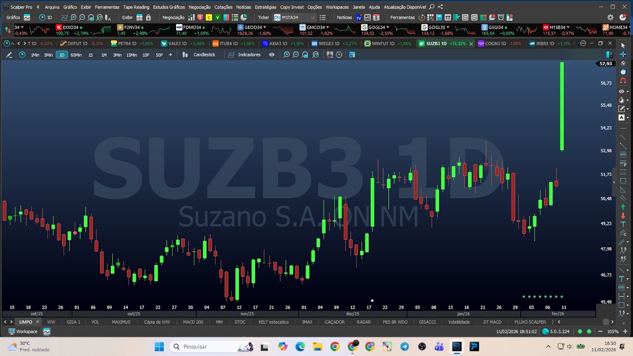 Fechamento de Mercado 11-02-26 SUZB3 SMTO3 CVCB3 PETR4 VALE3 WEGE3 BBAS3 BPAC11 ITUB4 BBDC4 MGLU3