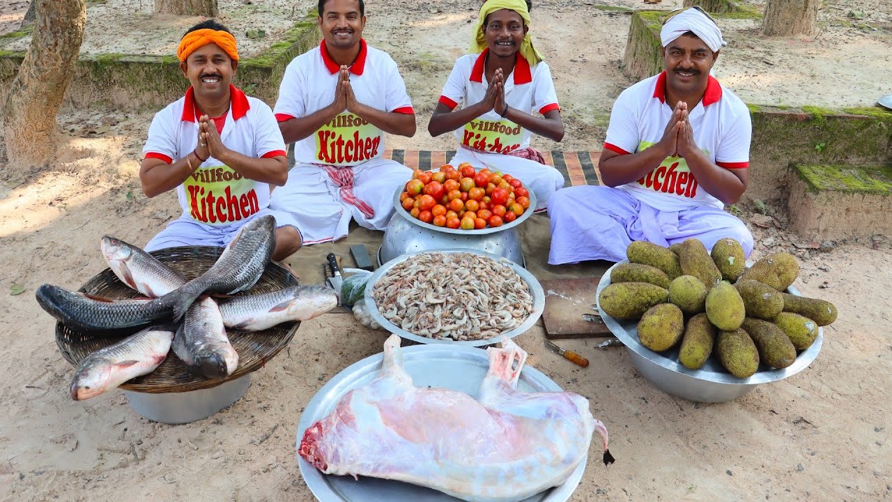 Famous Echor Chingri, Mutton Curry Fish Fry cooking for Tribal Village People | villfood Kitchen