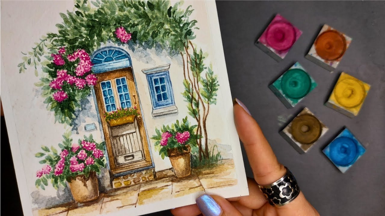 Painting the facade of the house with watercolors/step by step painting with watercolors