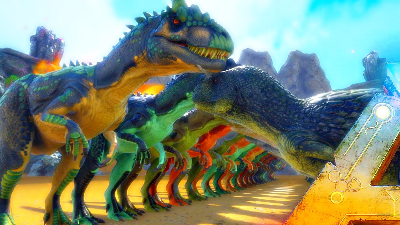 ARK Survival Evolved - 300 ALLO VS 300 CARNO ( Allosaurus VS Carnotaurus Gameplay Battle )