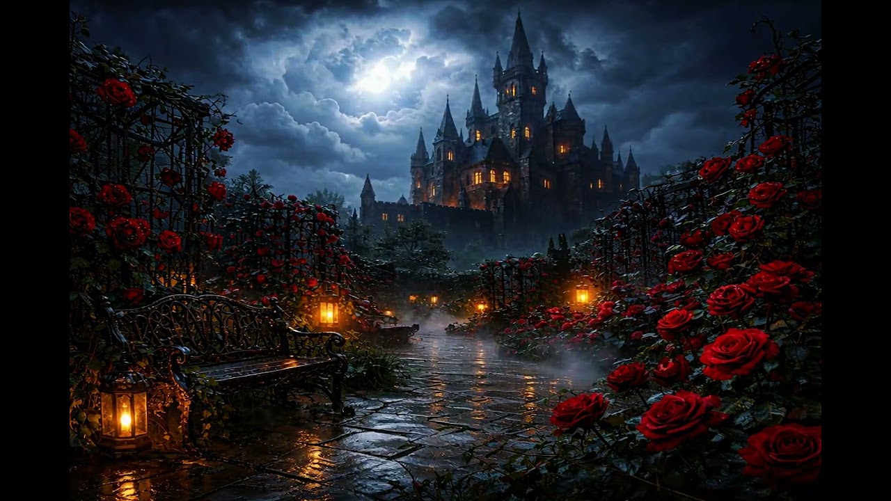 Moonlit Gothic Castle Rose Garden 🌹 Dark Fantasy Ambience | Stormy Night Castle