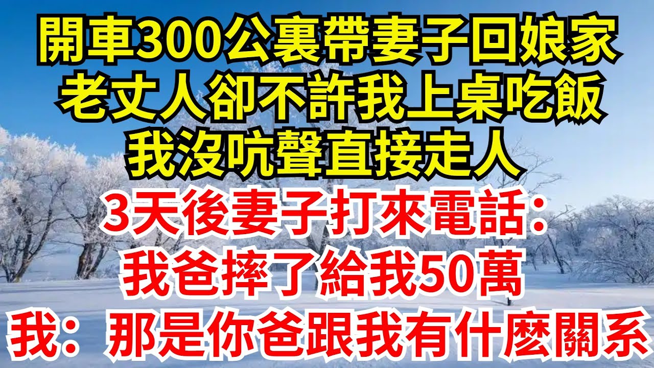 开车300公里带妻子回娘家，老丈人却不许我上桌吃饭，我没吭声直接走人，3天后妻子打来电话：我爸摔了给我50万，我笑了：那是你爸跟我有什么关系【檐下故事會】#完結故事#情感故事#爽文#婆媳關系#女频小说