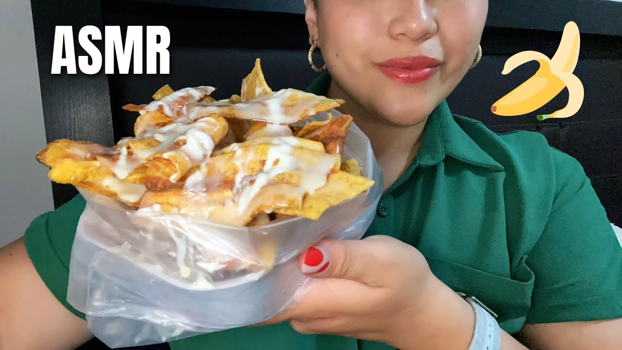 ASMR español comiendo 🍌 plátanos fritos con leche condensada y crema 🤤