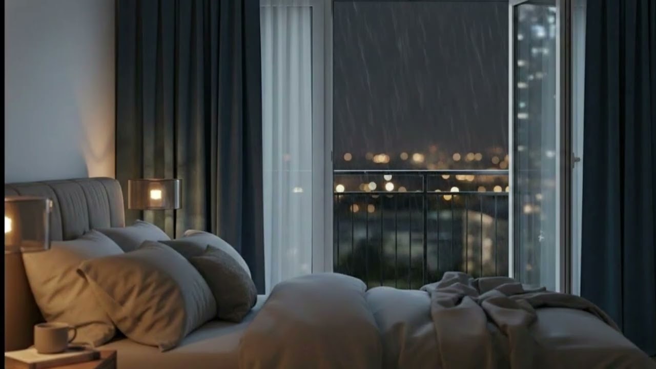 Peaceful Rainy Bedroom Night 🌧️ Urban Lights for Sleep & Calm