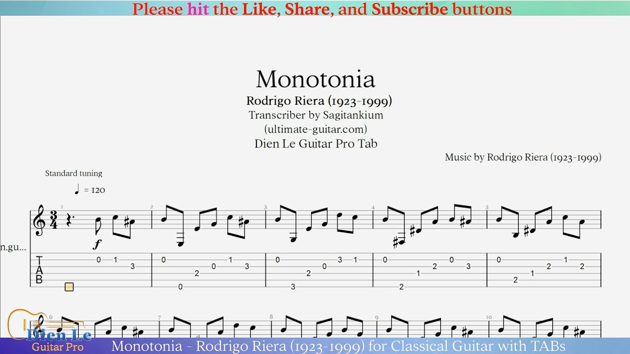 Monotonia - Rodrigo Riera (1923-1999) for Classical Guitar with TABs