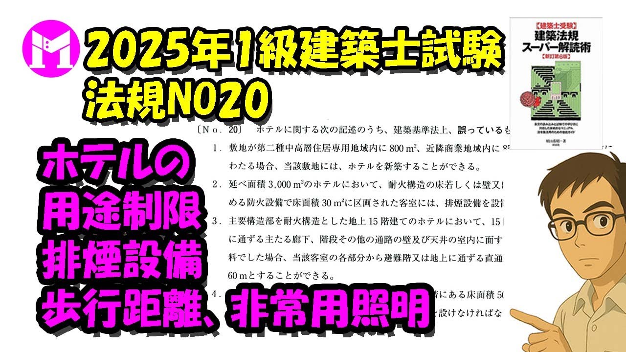 2025年1級建築士試験　法規NO20　ホテルの用途制限、排煙設備、歩行距離、非常用照明
