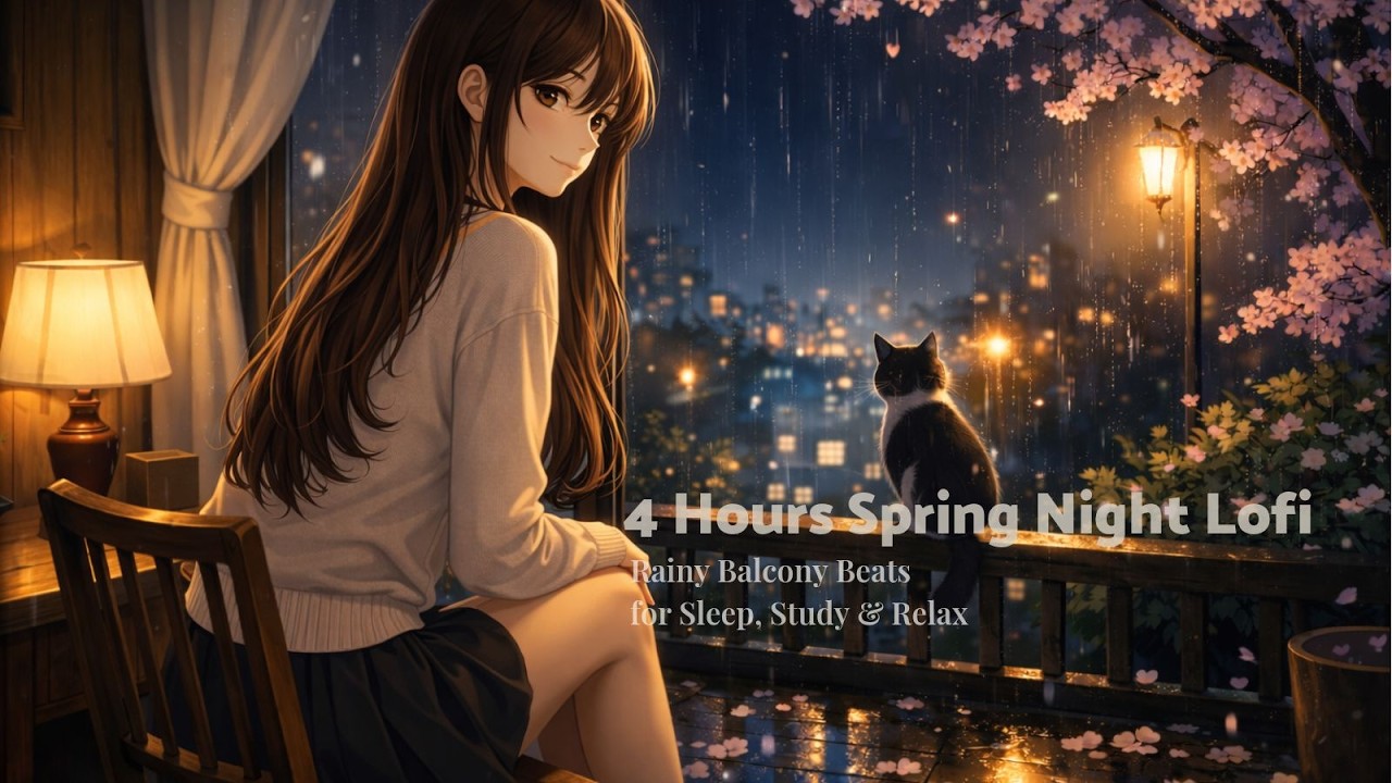 4 Hours Spring Night Lofi 🌙 Rainy Balcony Beats for Sleep, Study & Relax | Allie Music