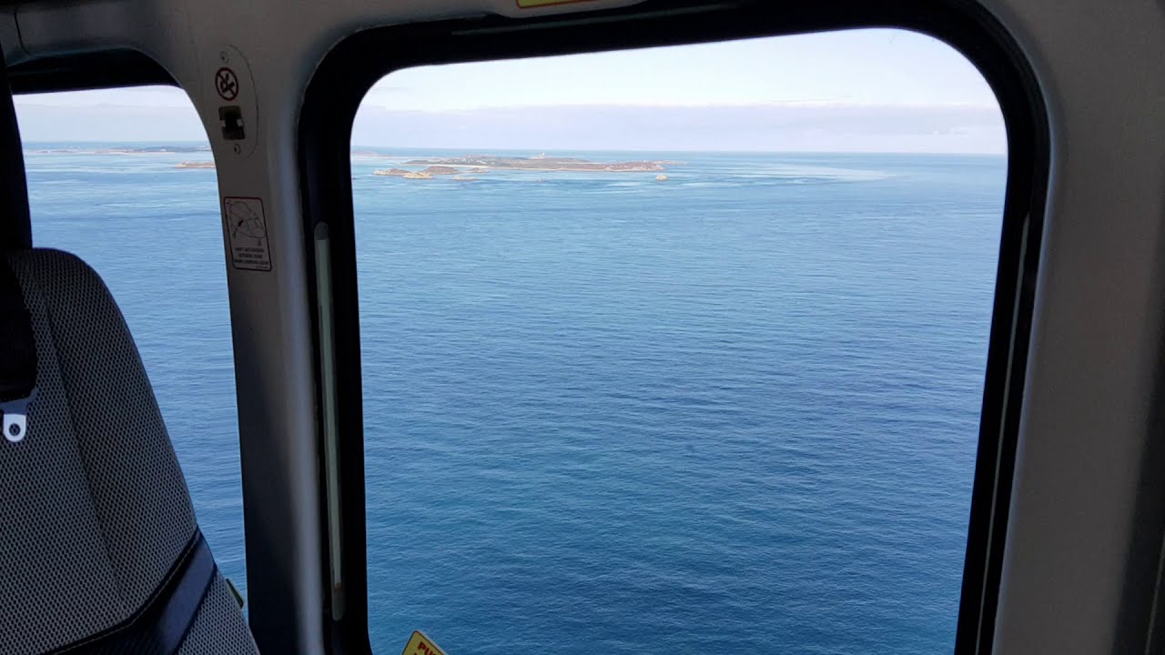 Arrival via helicopter at St Mary's airport, Scilly Isles