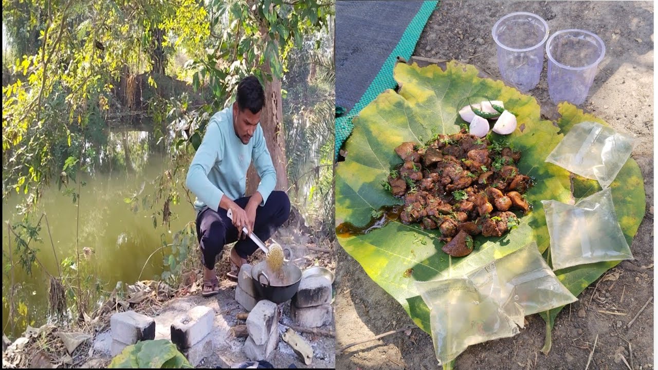 Chicken pota kaleji recipe and eating khet mein banaya pota kaleji 