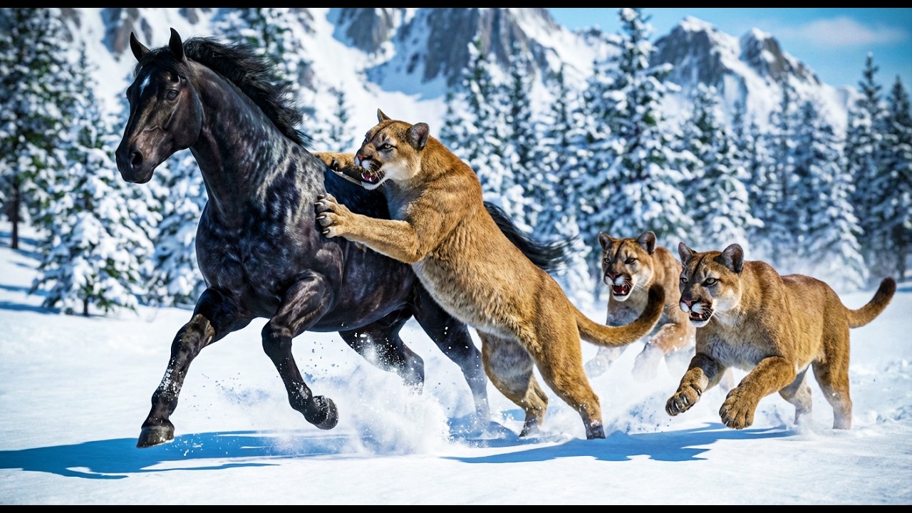 Snowbound Survival — Reverse Dapple Black Horse Being Chased By Three Mountain Lions