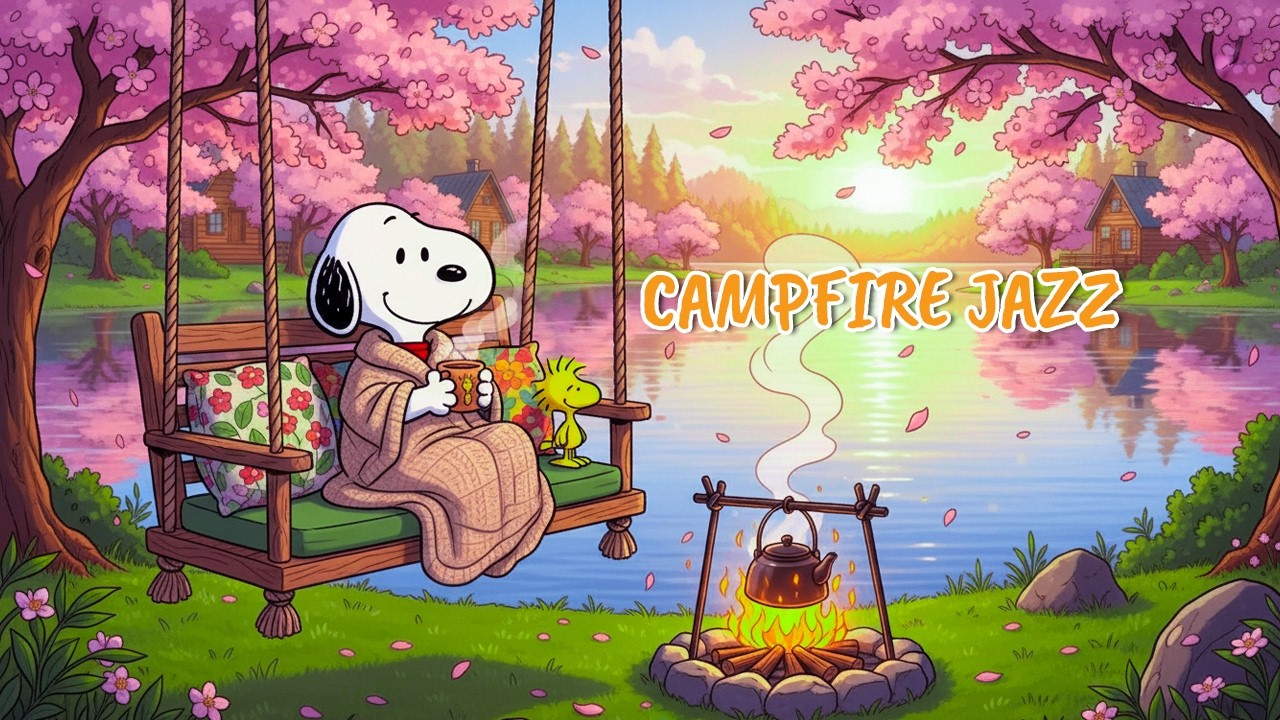 Spring Lakeside Sunset Jazz 🌹 Snoopy’s Cozy Swing Retreat | Smooth Evening Vibes & Campfire Ambience