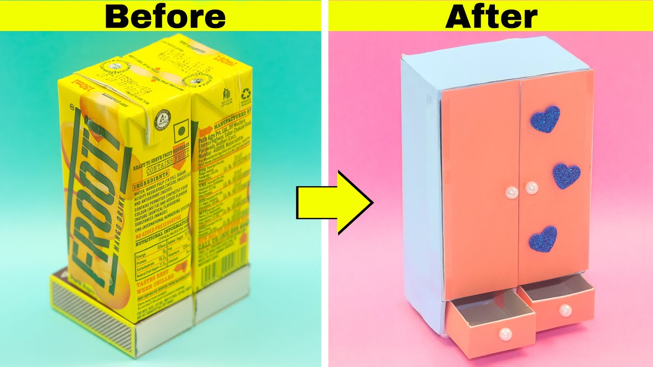 DIY Mini wardrobe with waste boxes || Make miniature wardrobe with Frooti  box and matchbox