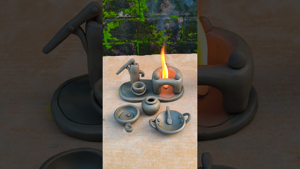 diy mini clay kitchen set😀, #kitchenset #clayart #art #creativeclayideas