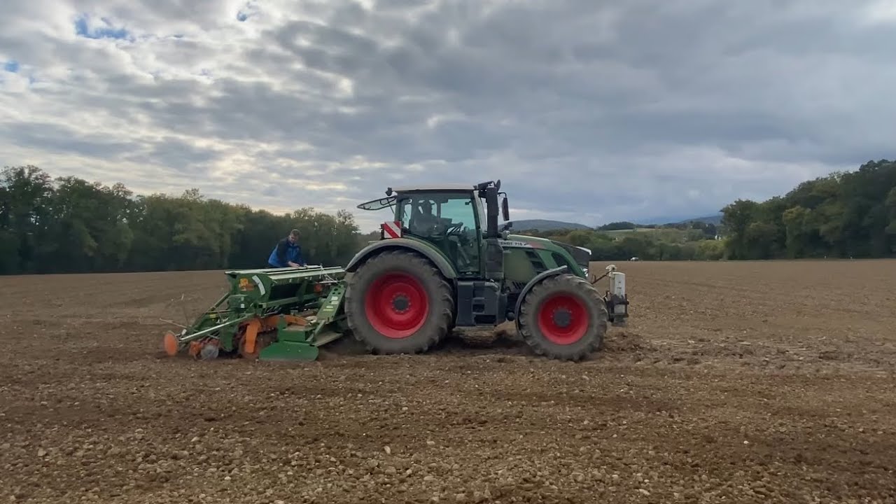 Semis de blé avec semoir combiné Amazone 4m et Fendt 718 Vario