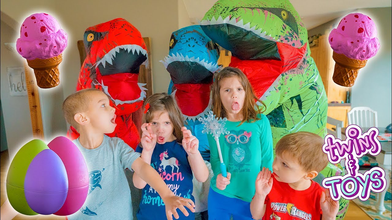 GIANT T-Rex Dinosaurs GIVE Twins HUGE Surprise Egg SQUISHIES!!