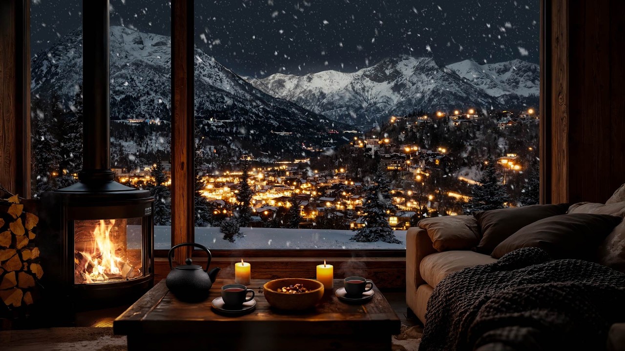 Snowy Village Below the Dark Sky ❄️ Cabin Piano, Crackling Fire & Warm Candle Glow