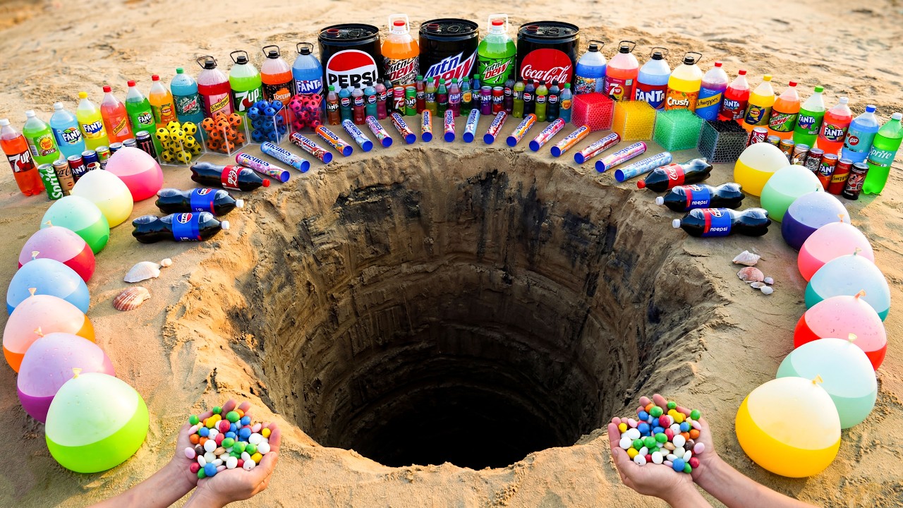 Big Toothpaste Eruption with Big Balloons of Soda, Pepsi, Mtn Dew, Fanta, Coca Cola vs Mentos
